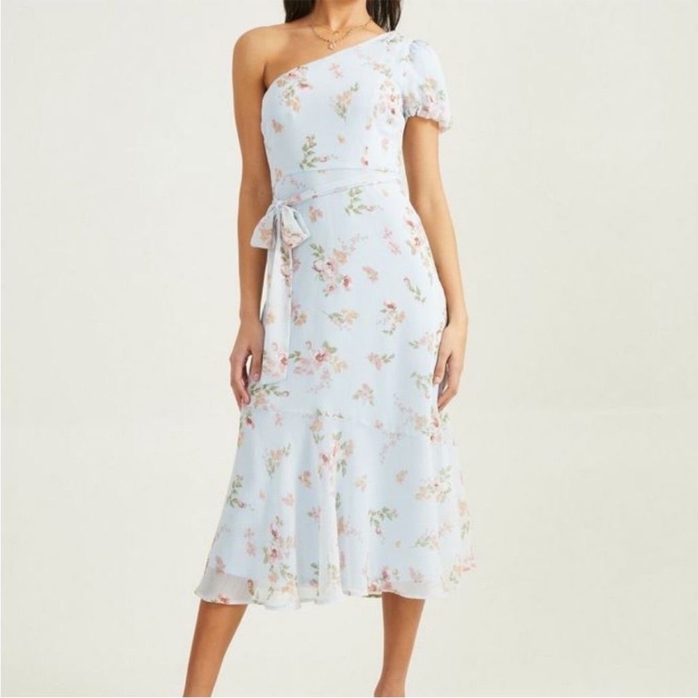 Altar'd State S Blue Floral One Shoulder Midi Dress Puff Sleeve Belted Wedding